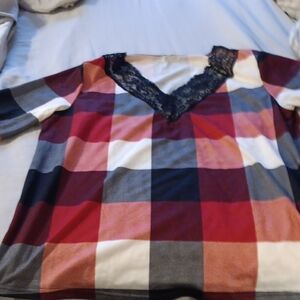 Plaid V-Neck Top with Lace Detail